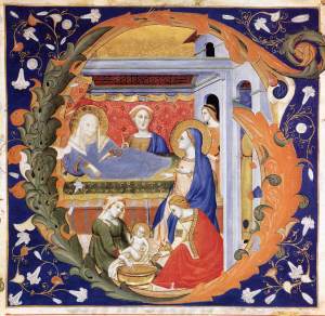 This 14th century image by Don Silvestro dei Gherarducci depicts the newborn Virgin Mary about to be bathed.
