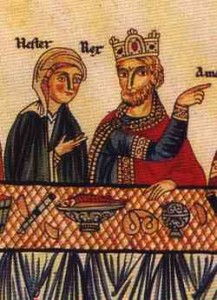 A 12th century painting of Esther and Ahashuerus at a banquet, with a pretzel.
